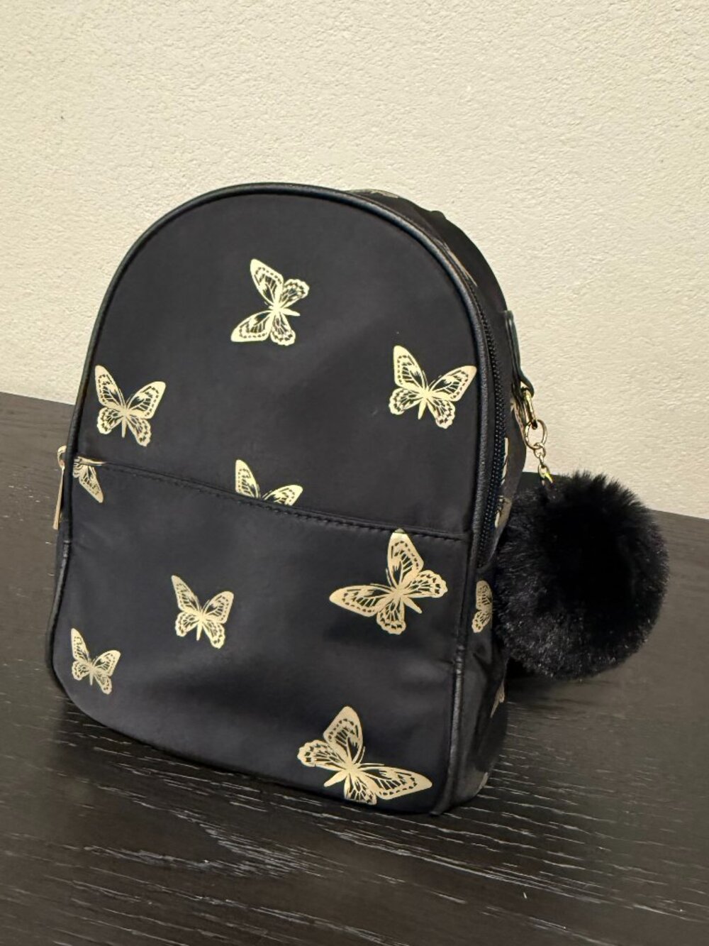 Like Dreams Black Gold Metallic Butterfly Mini Backpack Purse Pom Pom Keychain